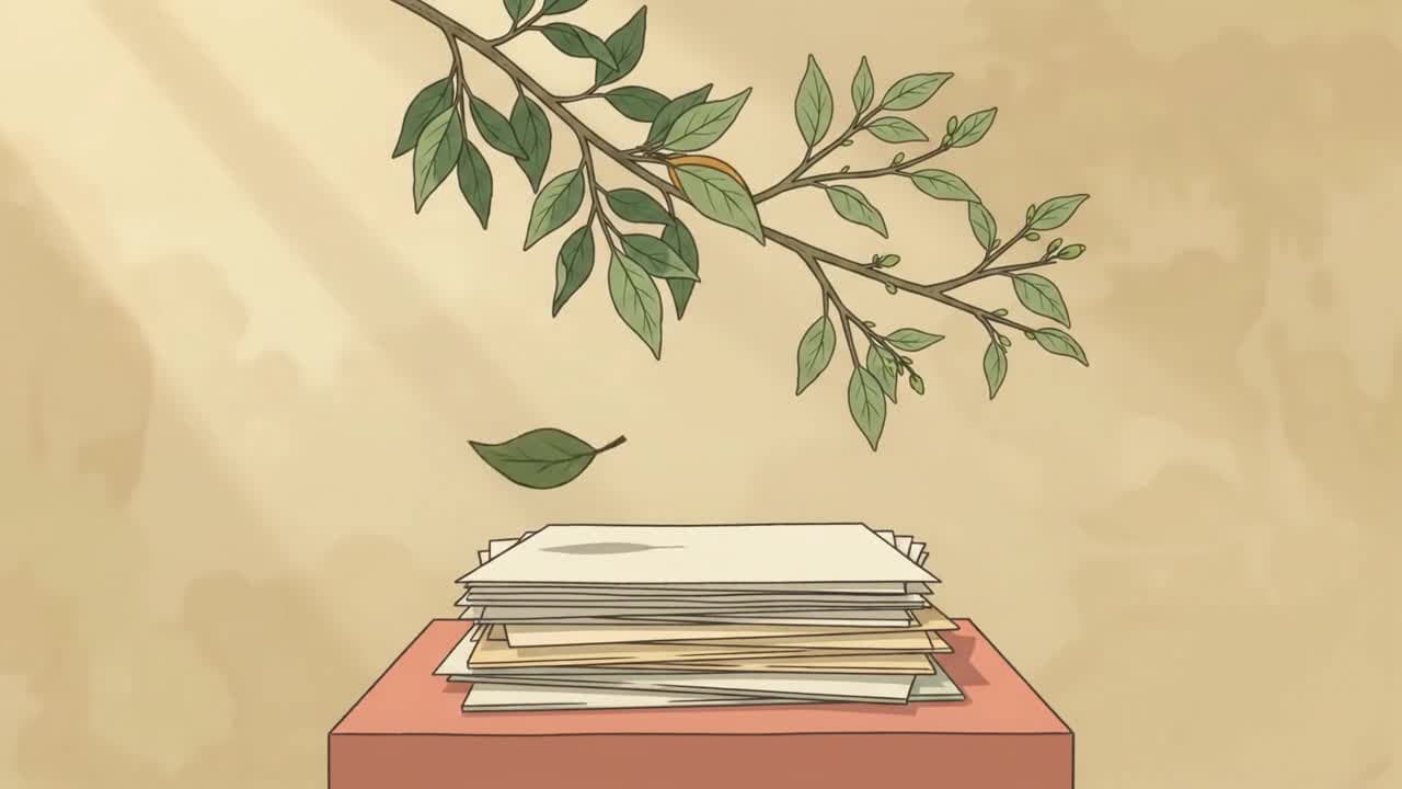 Stable blank record pages beneath a living branch with new buds and a retiring leaf.