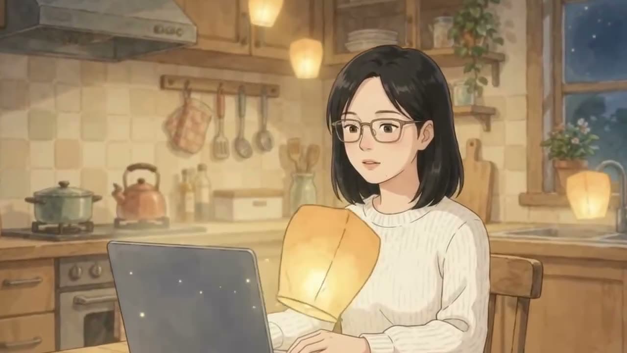 At night in a warm kitchen, small paper lanterns float around a woman at her laptop.