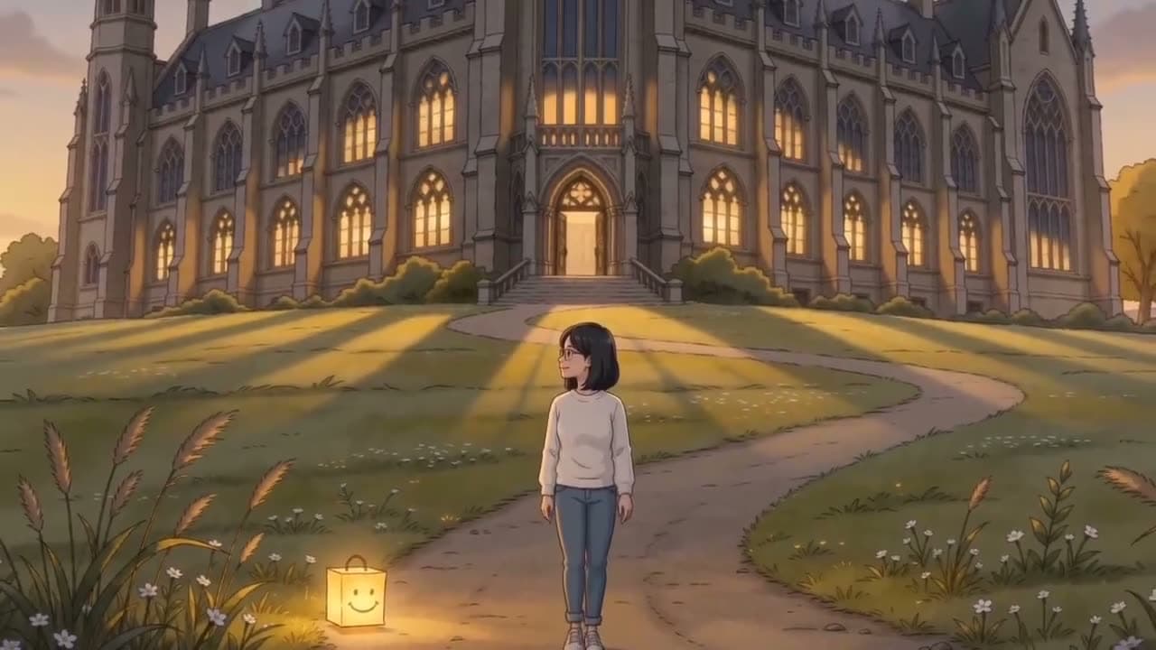 At dusk, a woman walks along a path with a lantern as a great library lights up behind her.