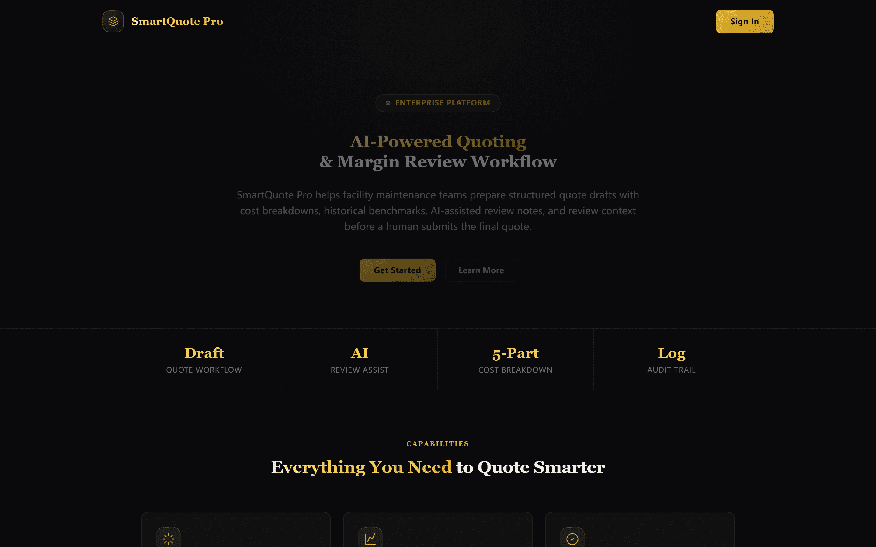 SmartQuote Pro landing screen